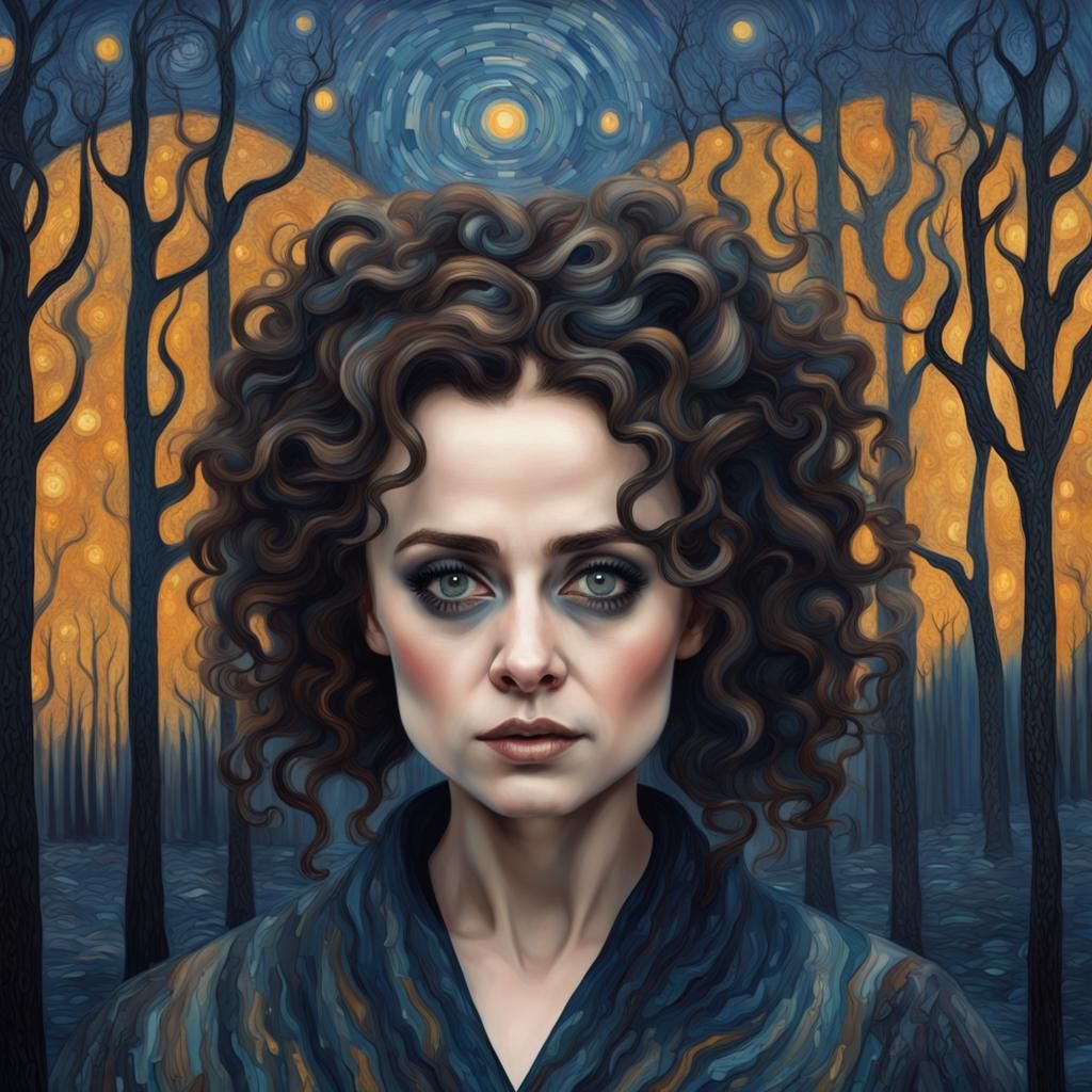 Whimsical Woman in Charred Forest, Klimt-inspired