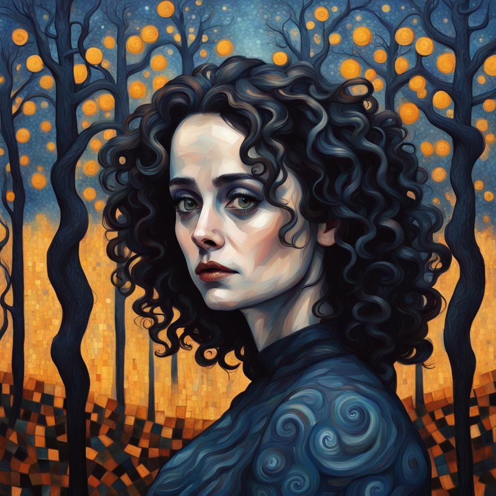 Charred Forest Portrait in Klimt, Picasso, Van Gogh Style