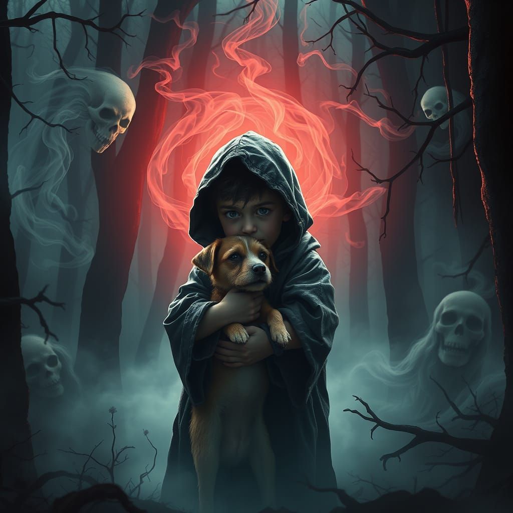 A Child and Dog Cower in a Haunting, Mist-Shrouded Forest
