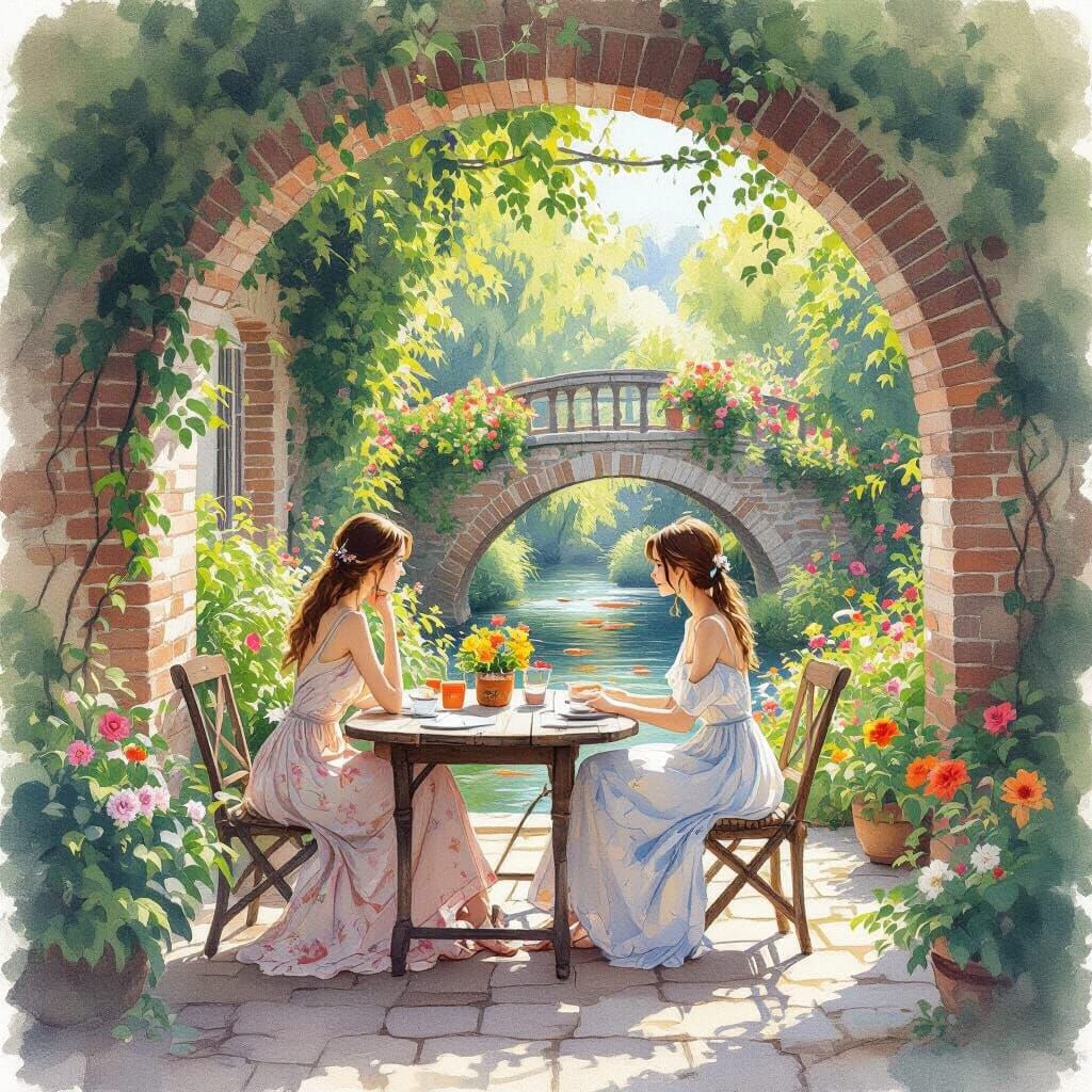 Lush Garden Scene in Style of Monet and Miyazaki