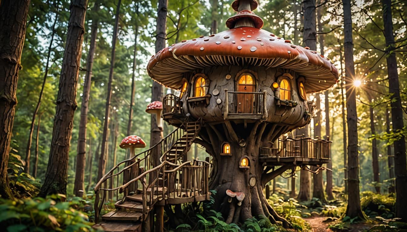 Enchanting Mushroom Treehouse in Natural Bokeh Lighting