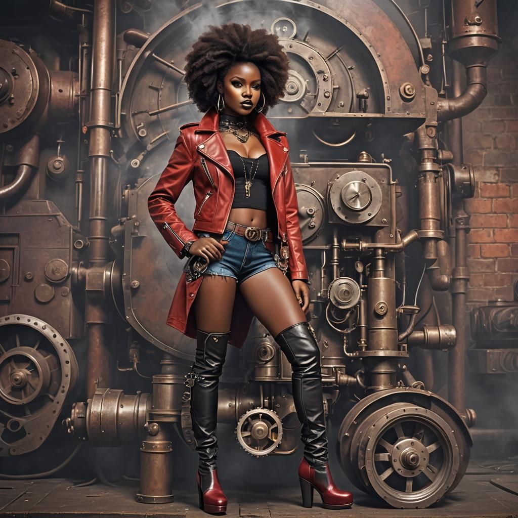 Steampunk Afro Babe in Red Leather