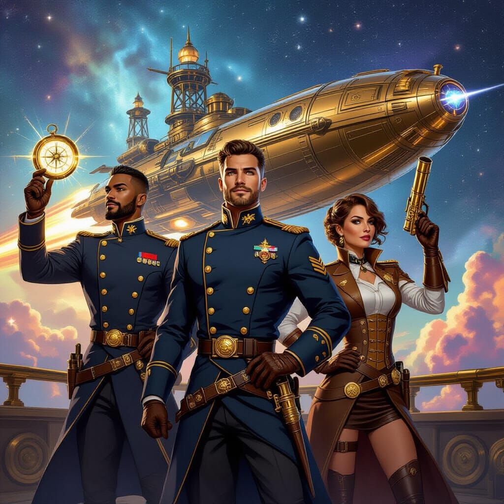 Steampunk Starship Crew Amidst Cosmic Wonders