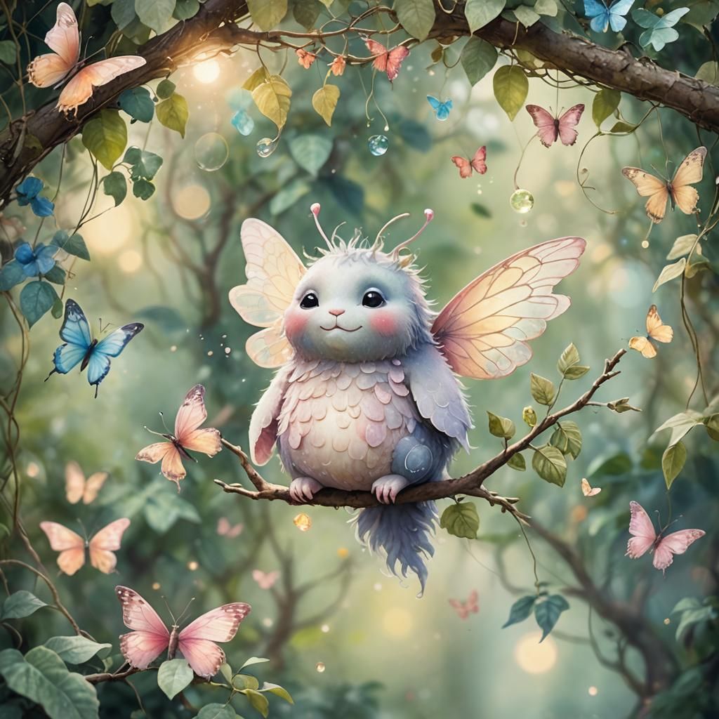 Fuzzy Jungle Creature in Dreamy Watercolor Style