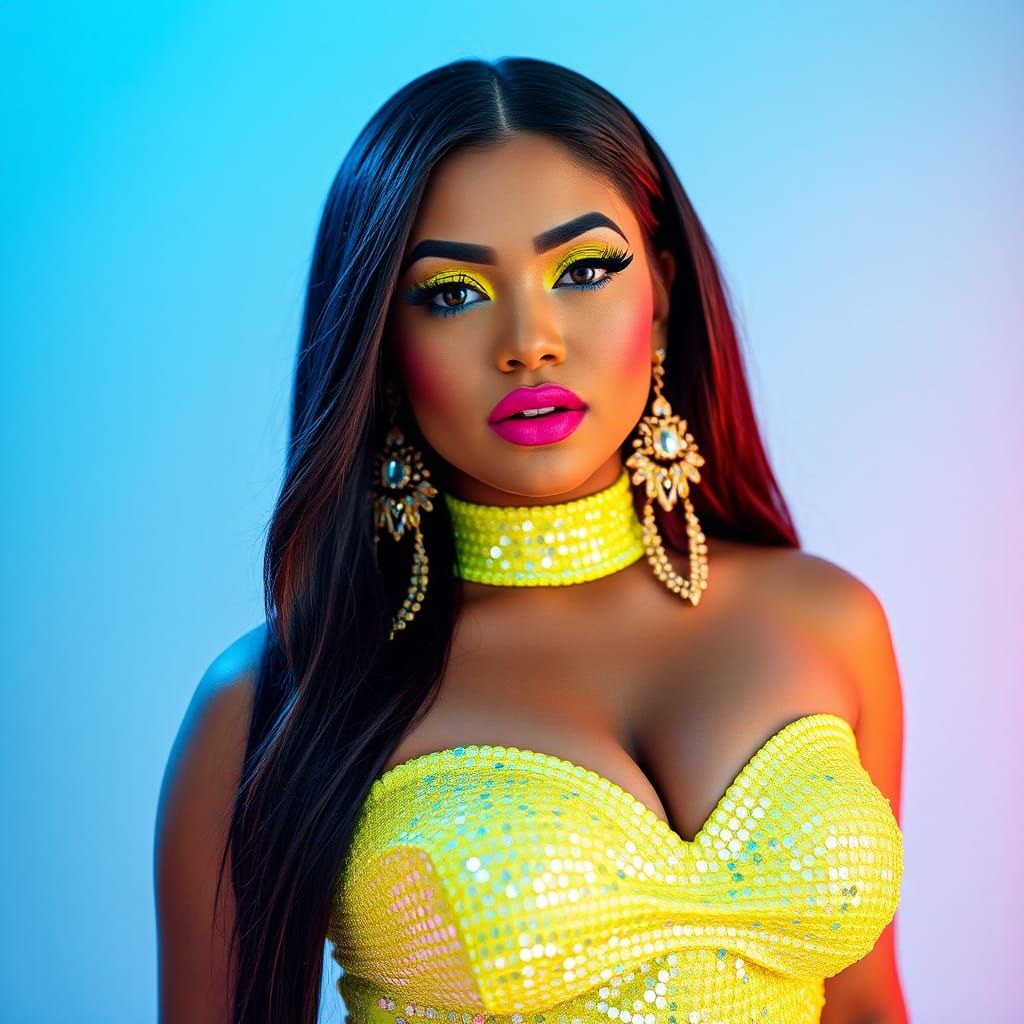 Futuristic Fashion Portrait of Curvy Woman in Neon Dress