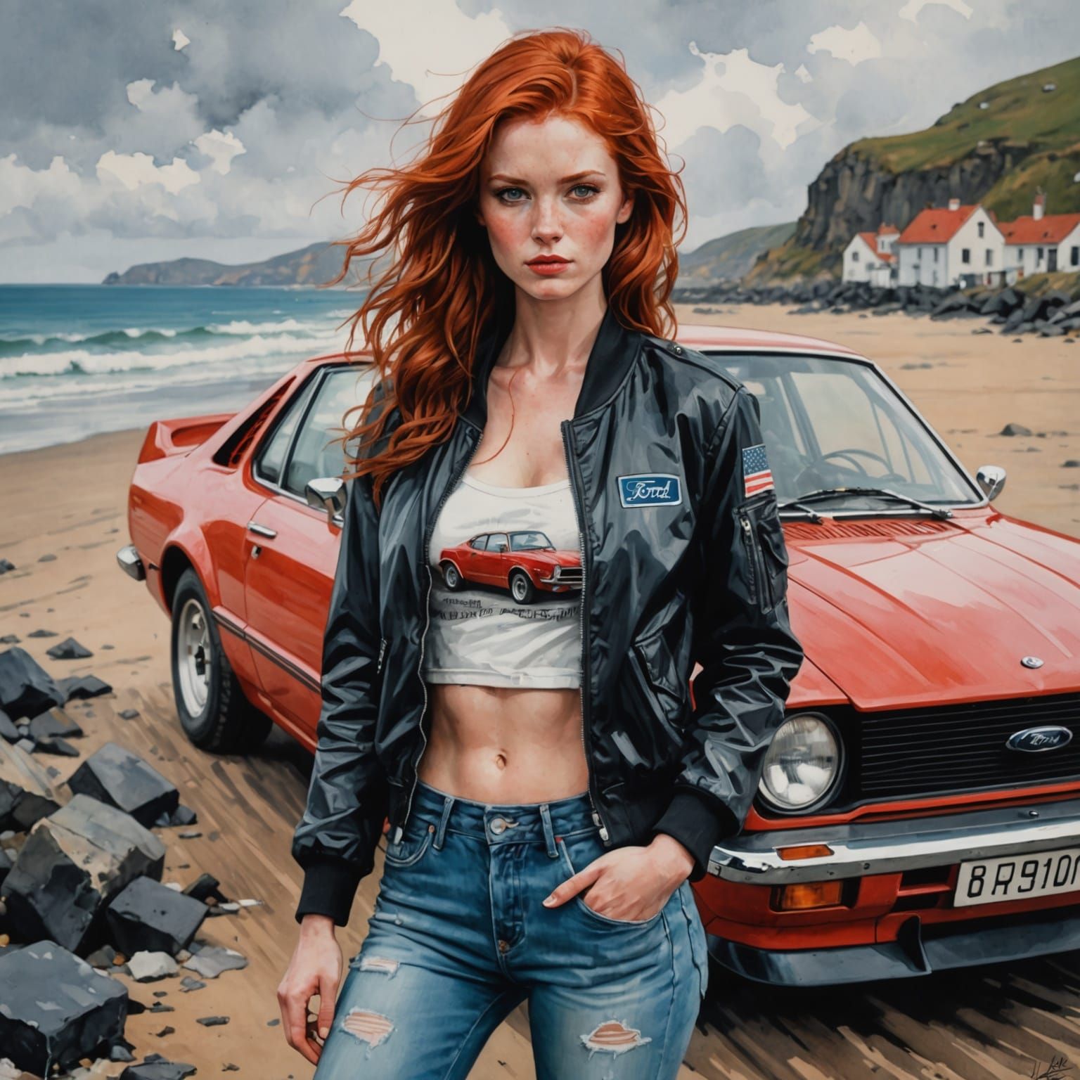 Redhead and Vintage Ford RS2000 in Ink Art Style