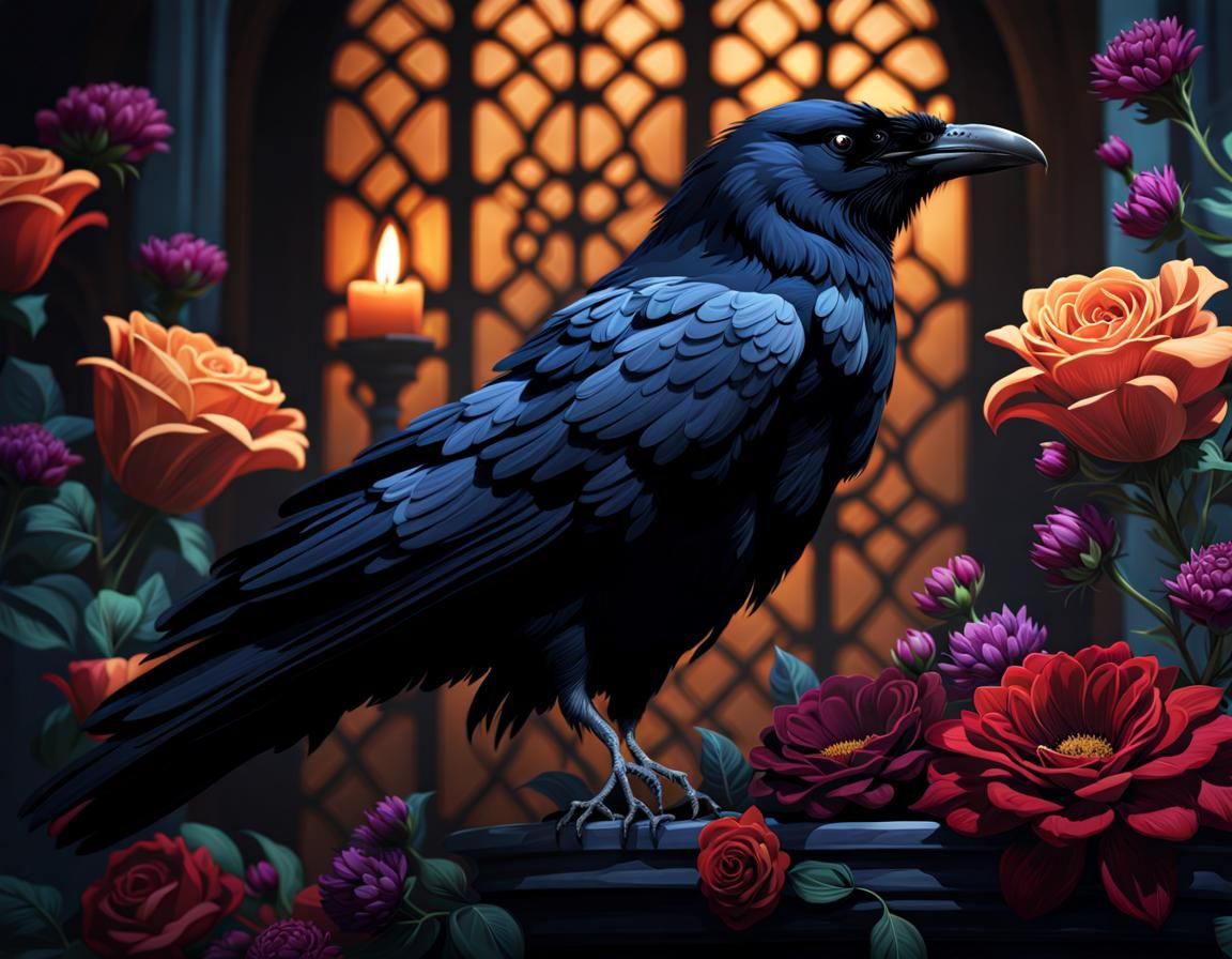 Gothic Black Raven with Candle in Matte Painting