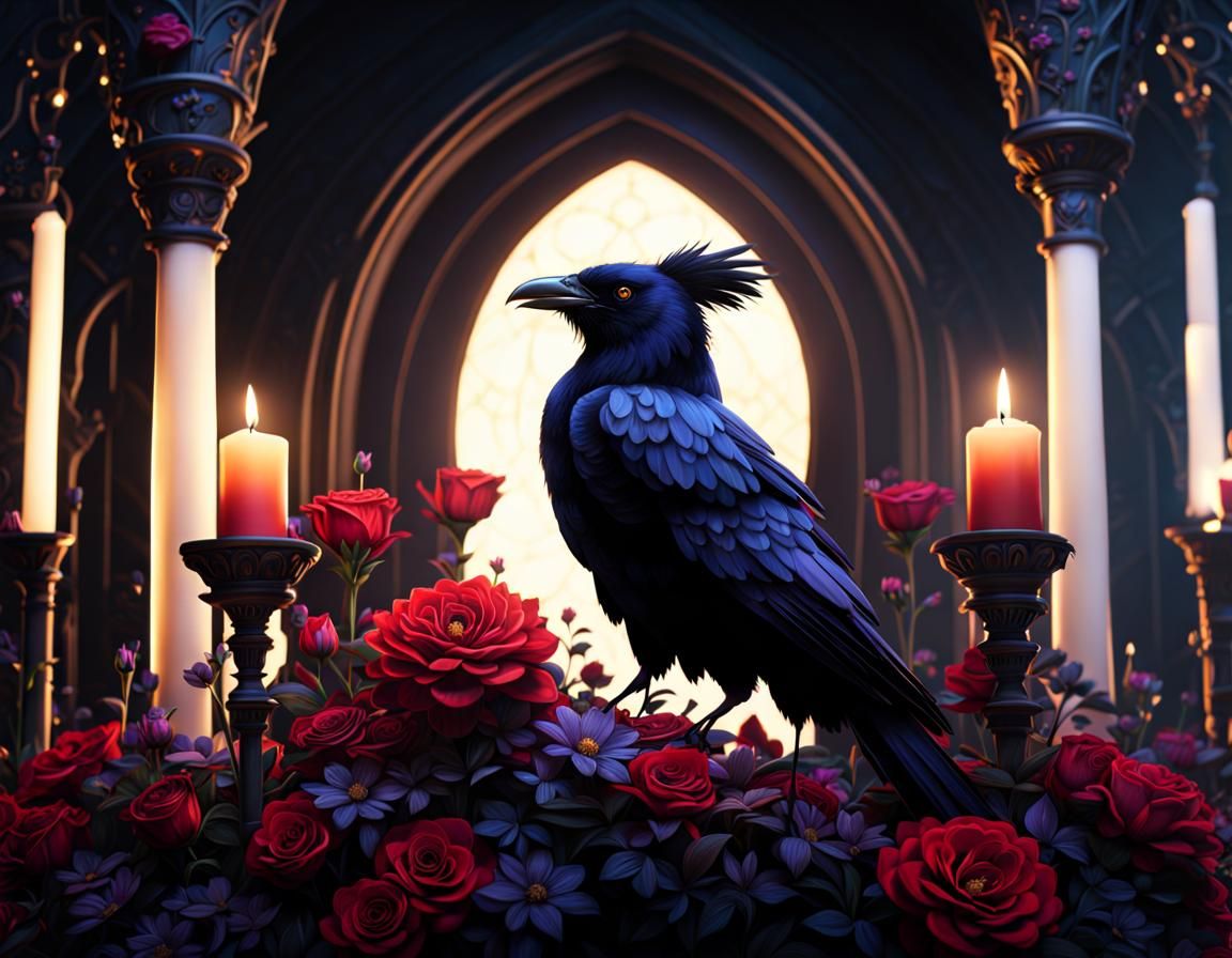 Gothic Black Raven with Flowers in Dark Matte Painting