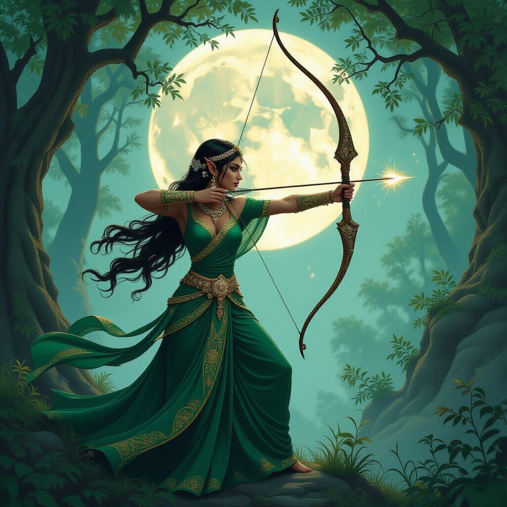 Ethereal South Asian Elf Archer in Art Nouveau Style
