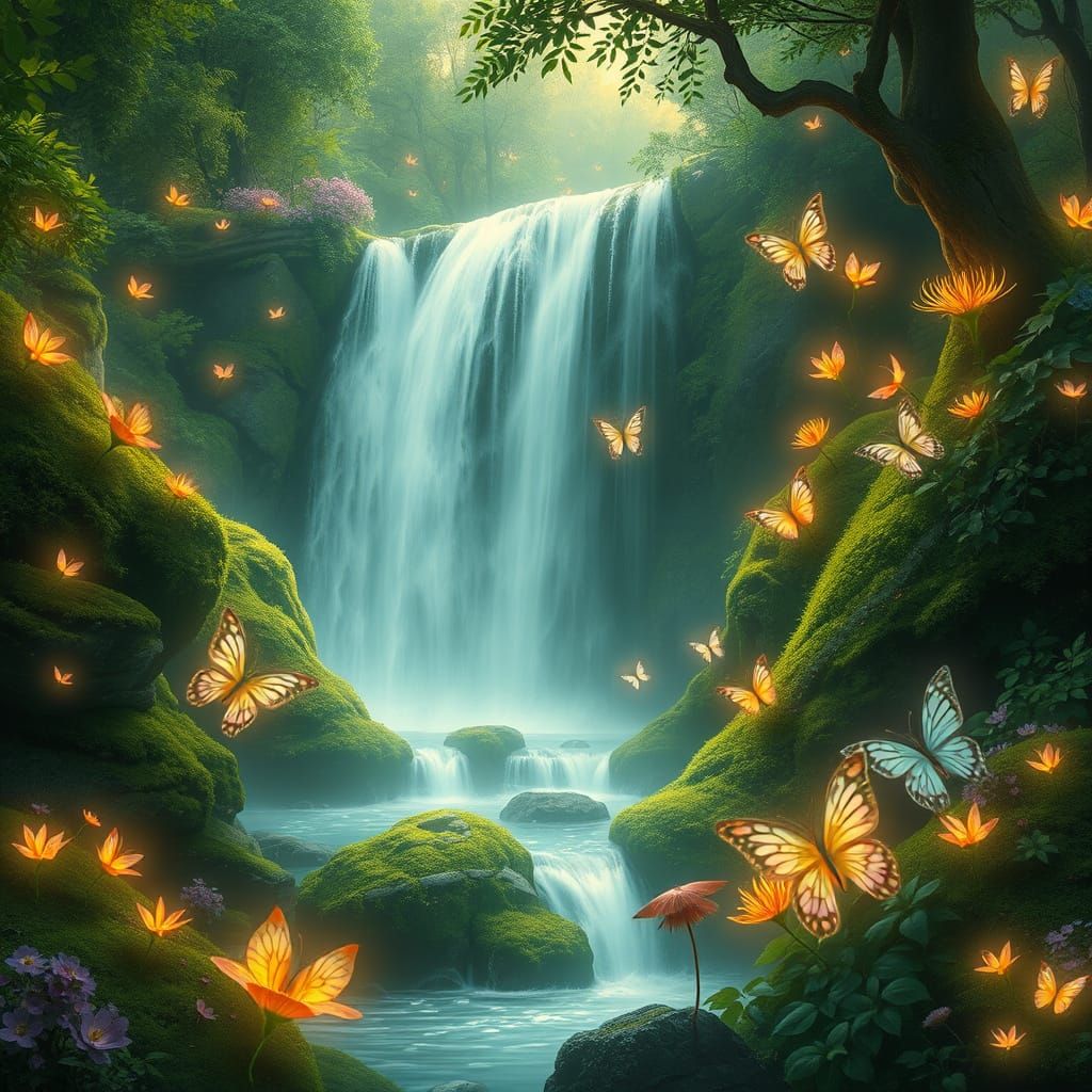 Surreal Waterfall in Enchanted Forest with Glowing Plants an...
