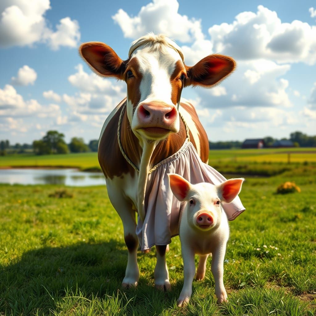 Cow in Sundress & Pig in Hat on Farm