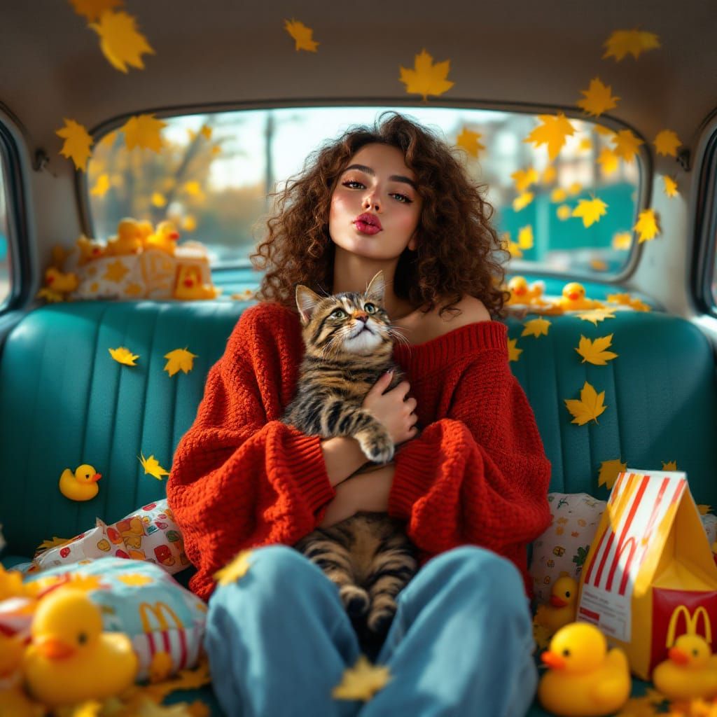 Woman with Cat in Retro Car Amidst Autumn Leaves