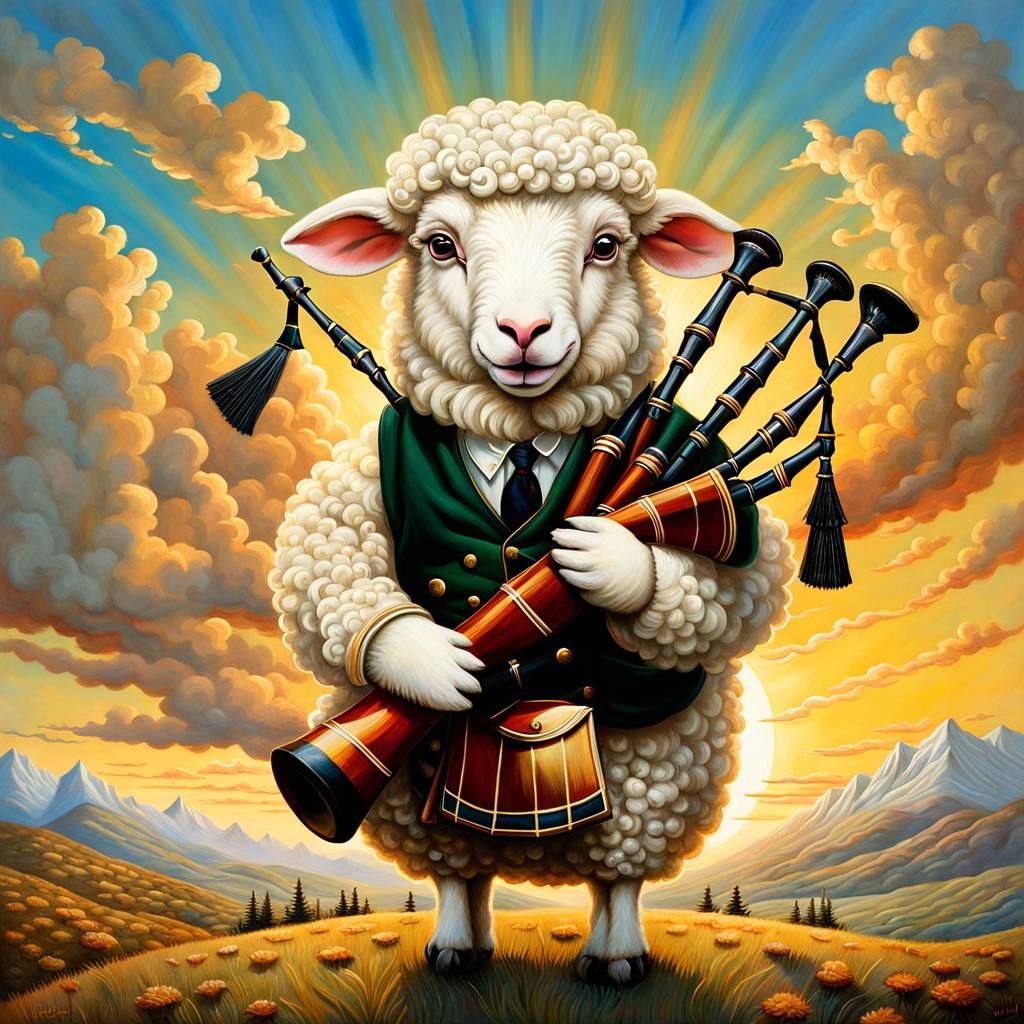 Sheep Plays Bagpipes in Surreal Oil Painting