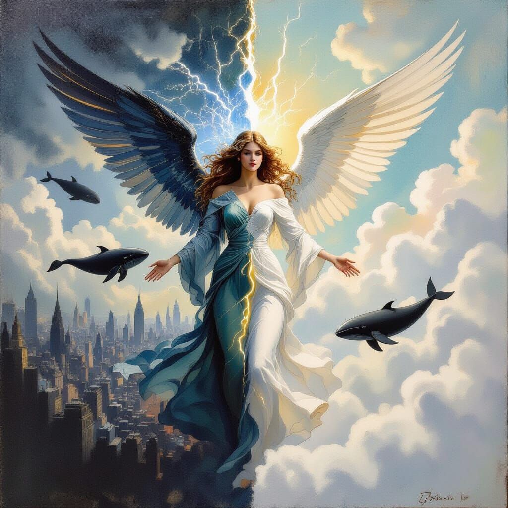 Winged Deity Dividing Worlds in Impressionistic Style