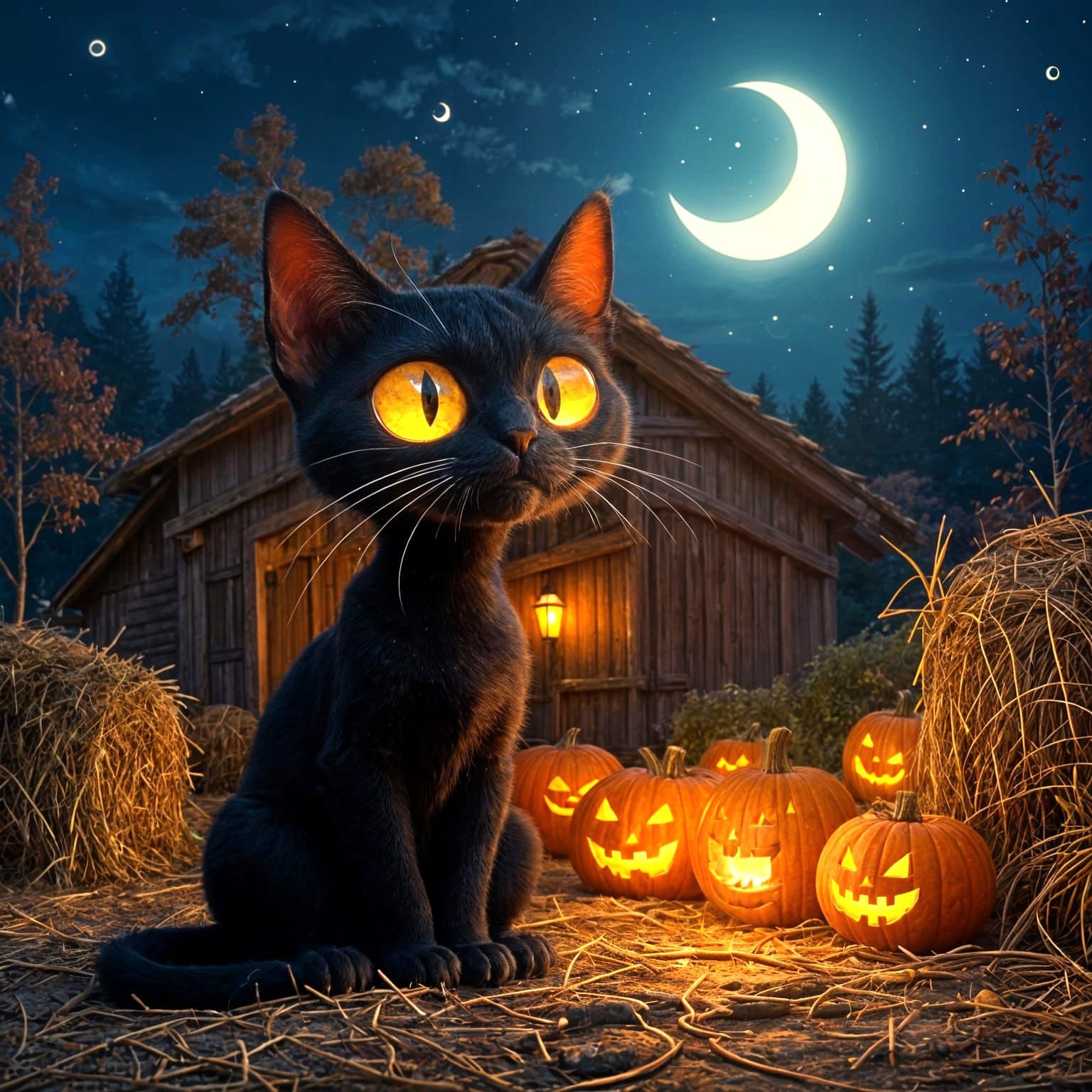Cute Black Cat with Expressive Eyes in Halloween Scene