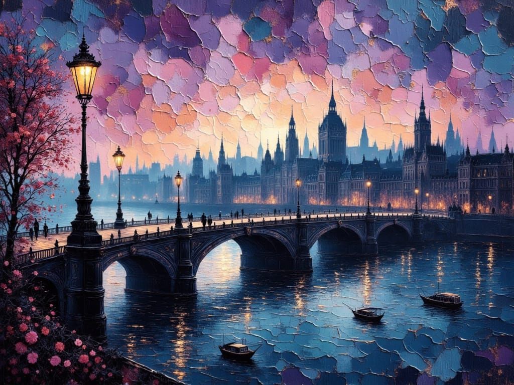 Victorian London at Dusk: Impasto Painting