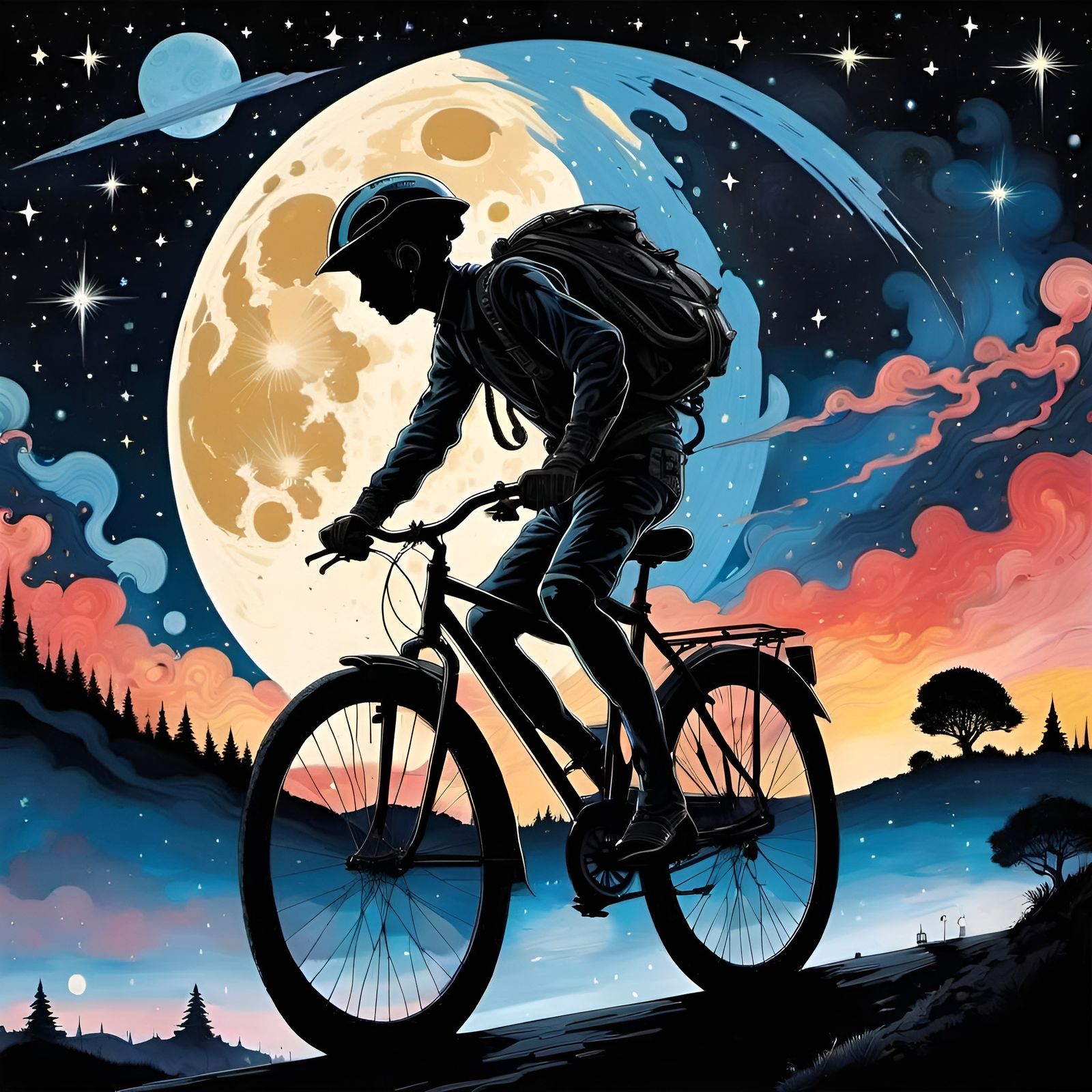 Cyclist Silhouette Under Starry Sky: Surreal Illustration