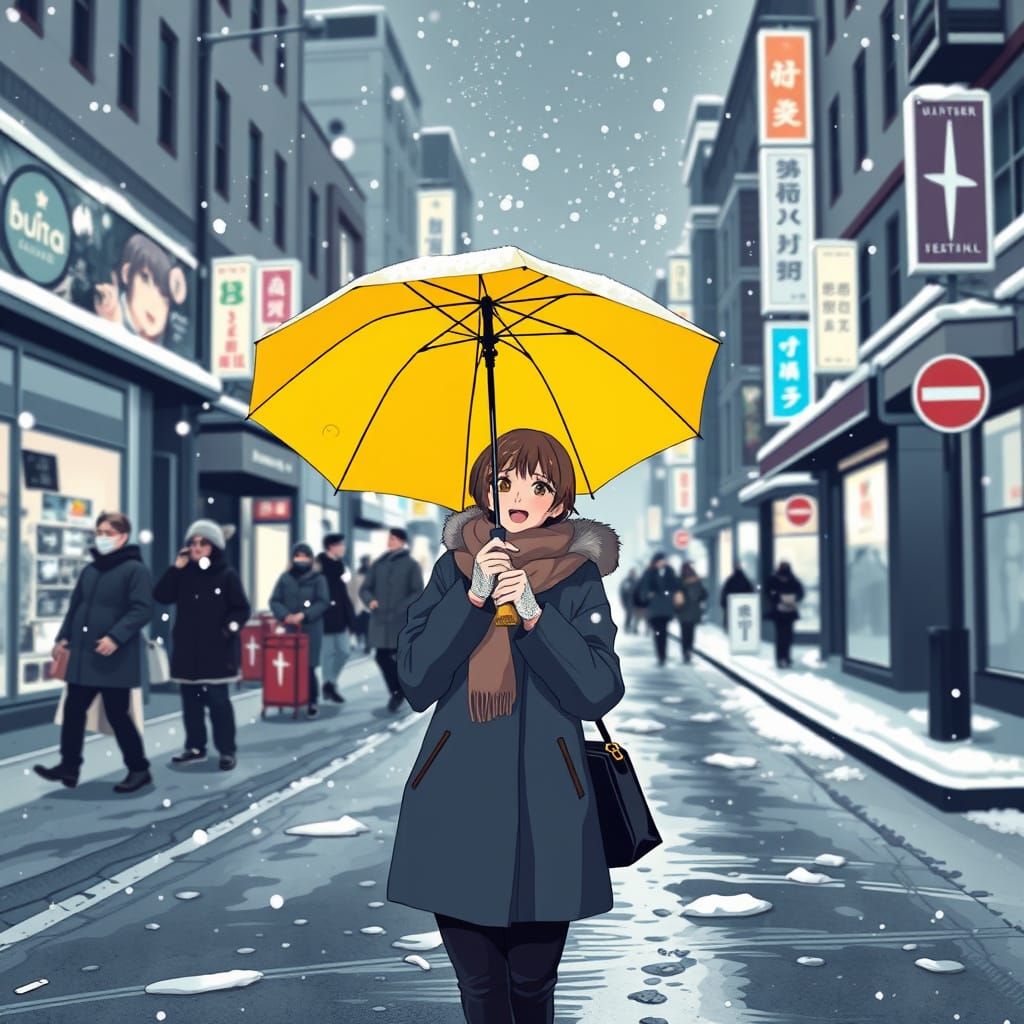 Woman with Yellow Umbrella in Black and White Manga Style