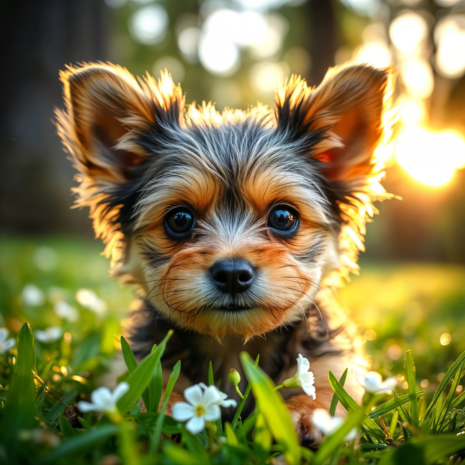 Sweet Yorkie Puppy Portrait in Forest Dawn