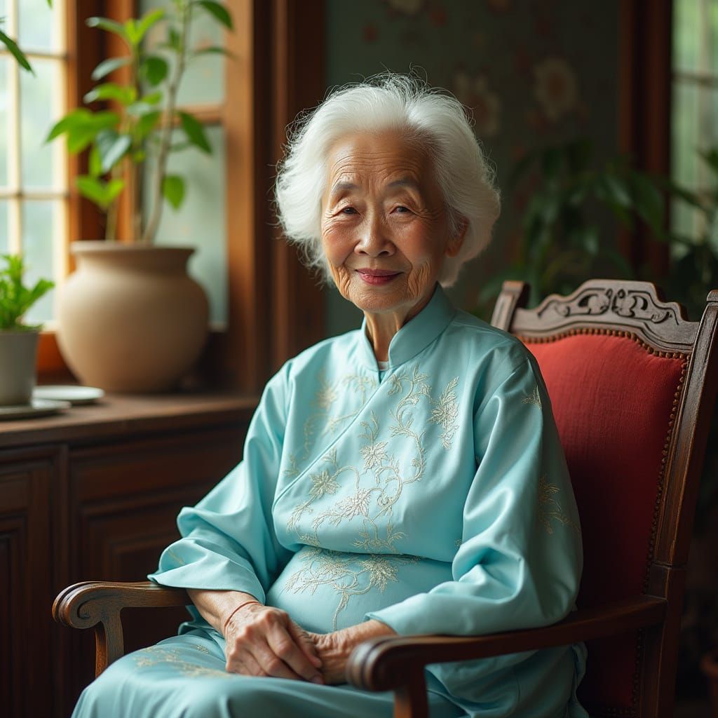 Elderly Woman in Traditional Vietnamese Attire
