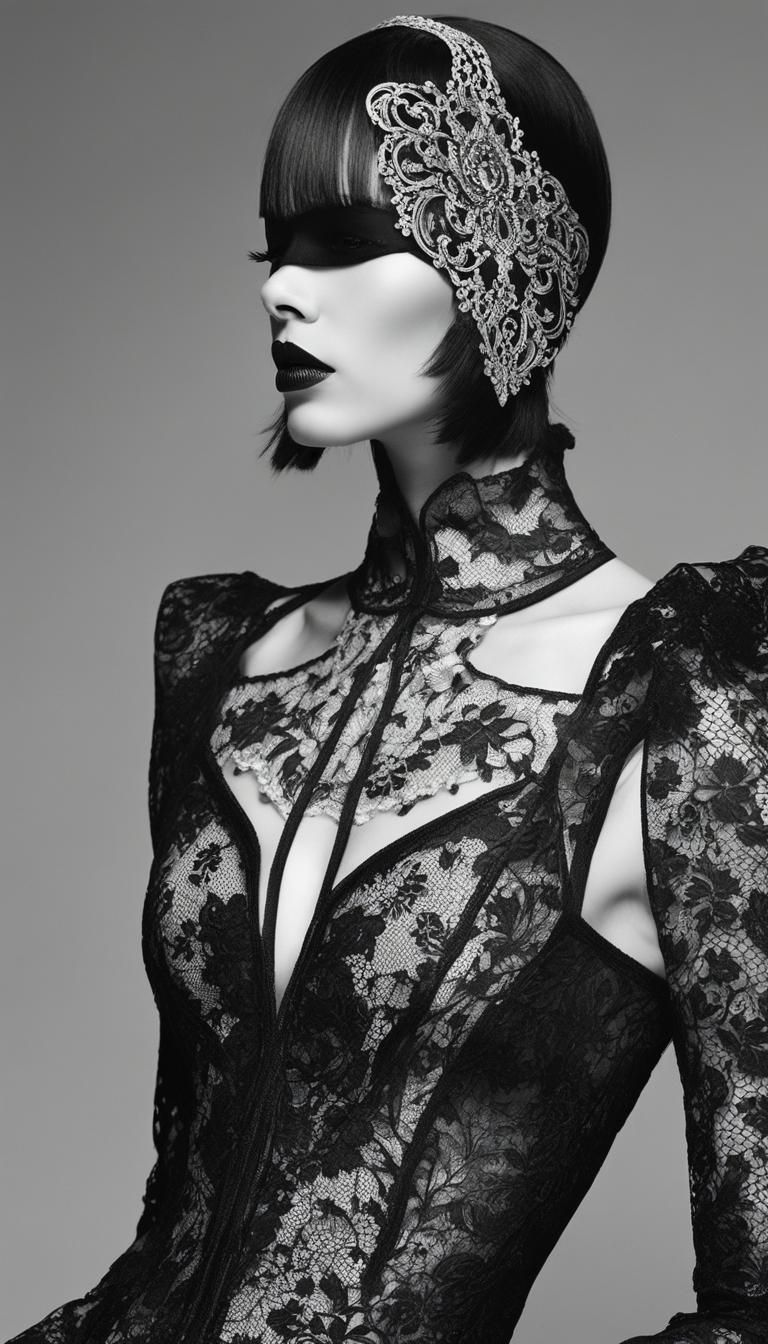 Monochrome Portrait with Lace Mask in Maximalist Style