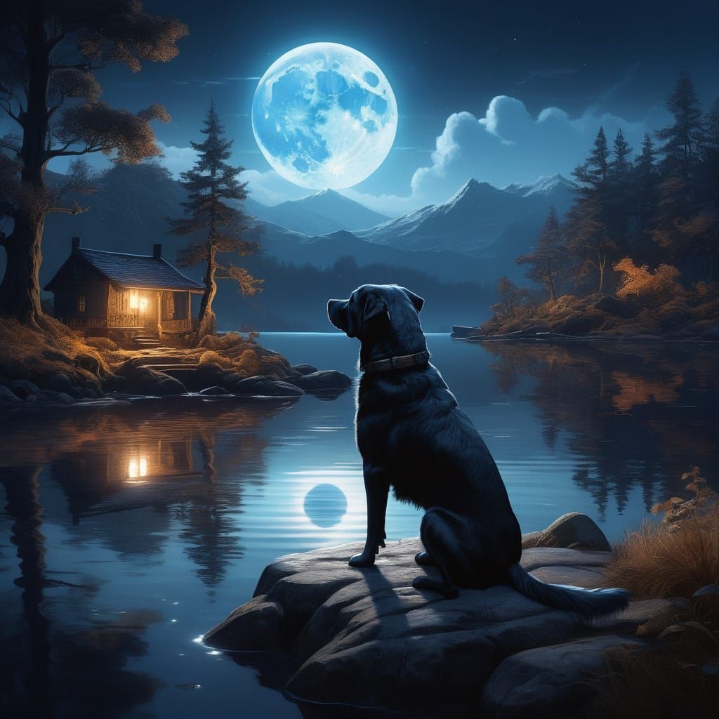 Majestic Dog Basks in Lunar Glow by Water's Edge