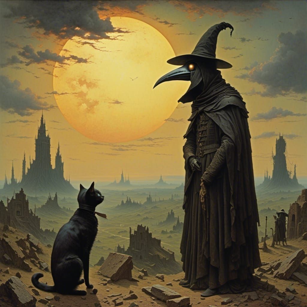 Plague Doctor and Cat Watch Eclipse: Beksinski Style
