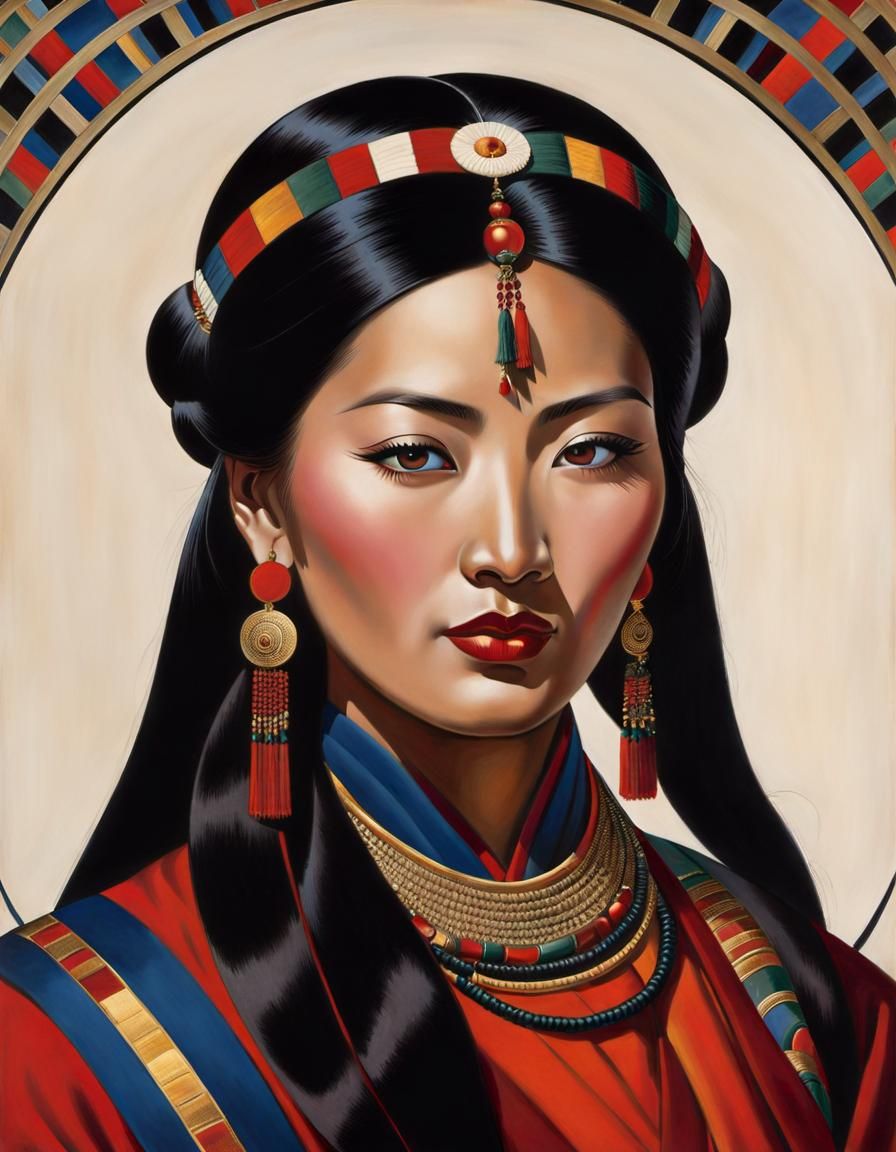Art Deco Portrait of Tibetan Woman in Himalayas