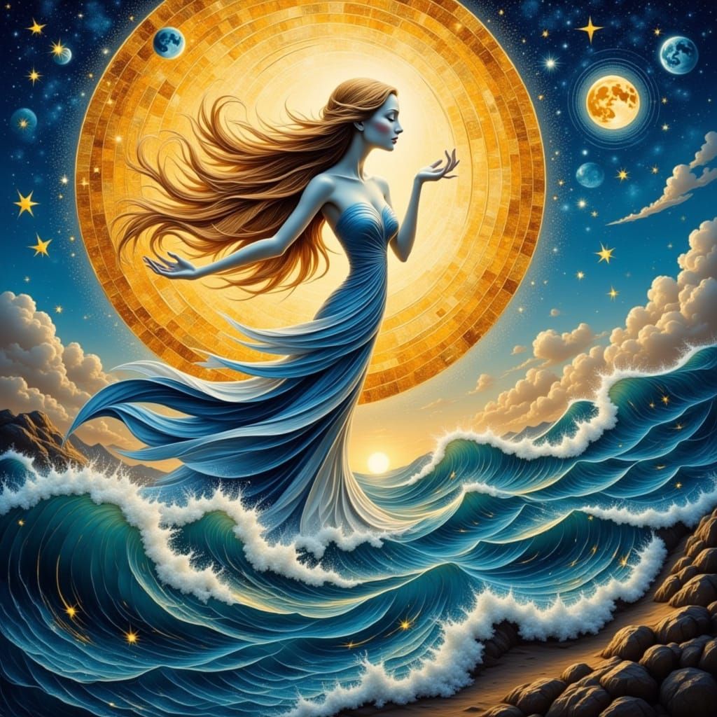 Celestial Sea Goddess with Radiant Smile and Swirling Sun