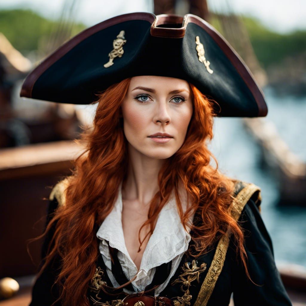 Beautiful Red-Haired Pirate Portrait on Ship Deck