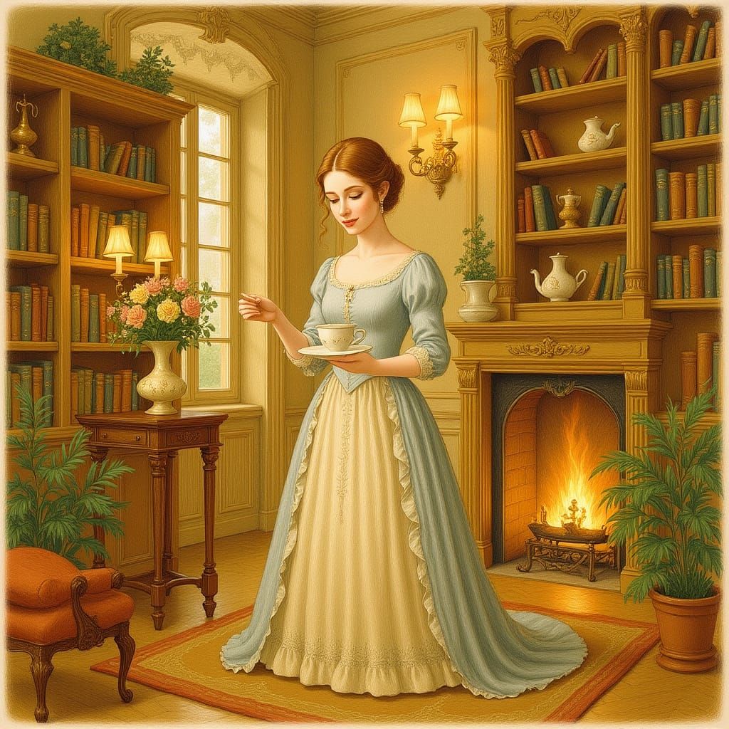 Woman Sipping Tea in Grand Library, Whimsical Style