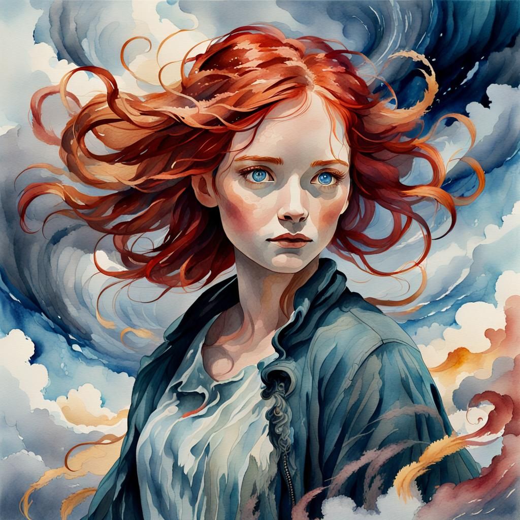 Watercolor Portrait of Woman Amidst Swirling Clouds