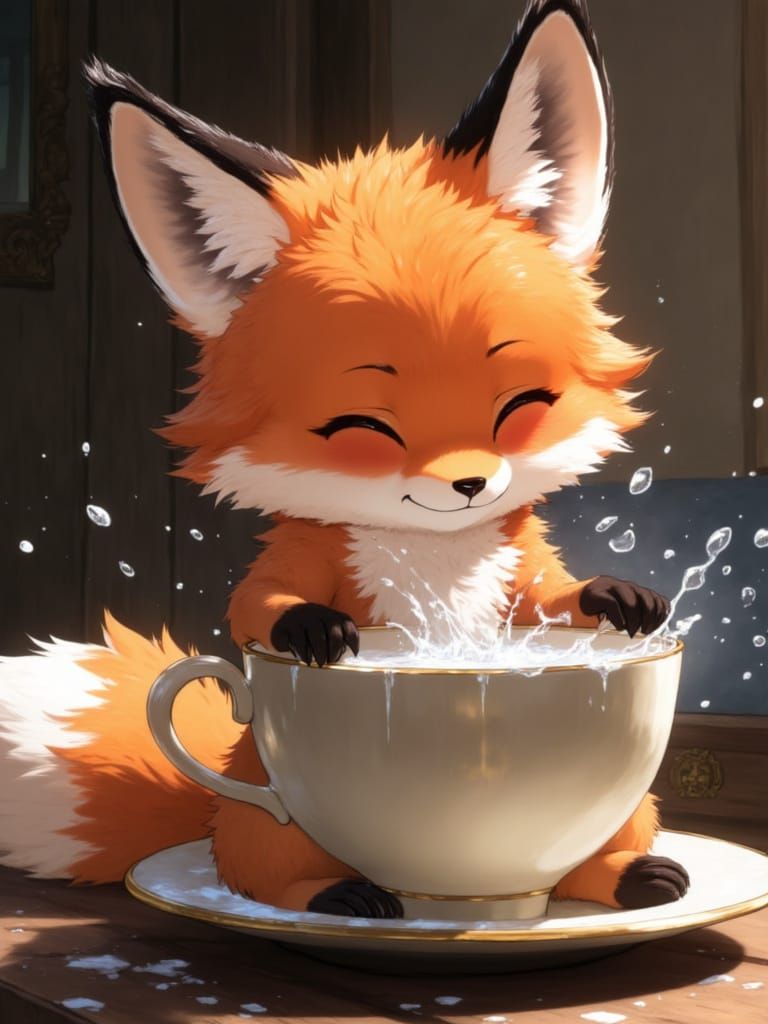 Playful Fox Cub Soaks in Teacup Bath