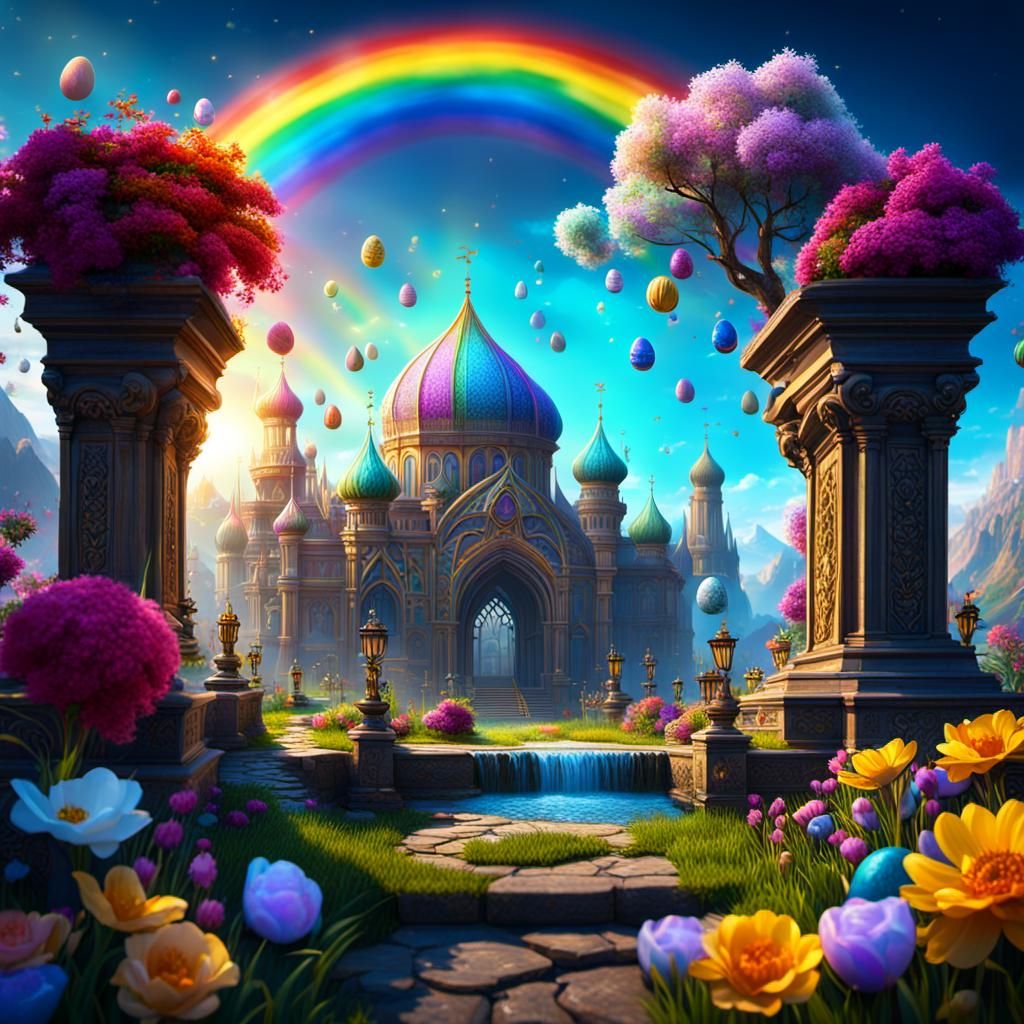 Easter Scene with Floral Allegories and Rainbow Background