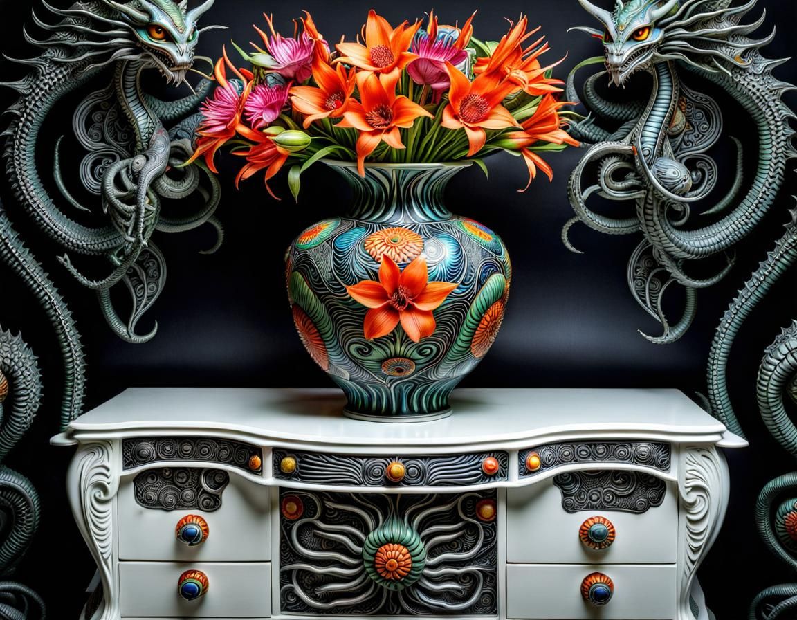 Japanese Vase with Dragonflowers in H.R. Giger Style