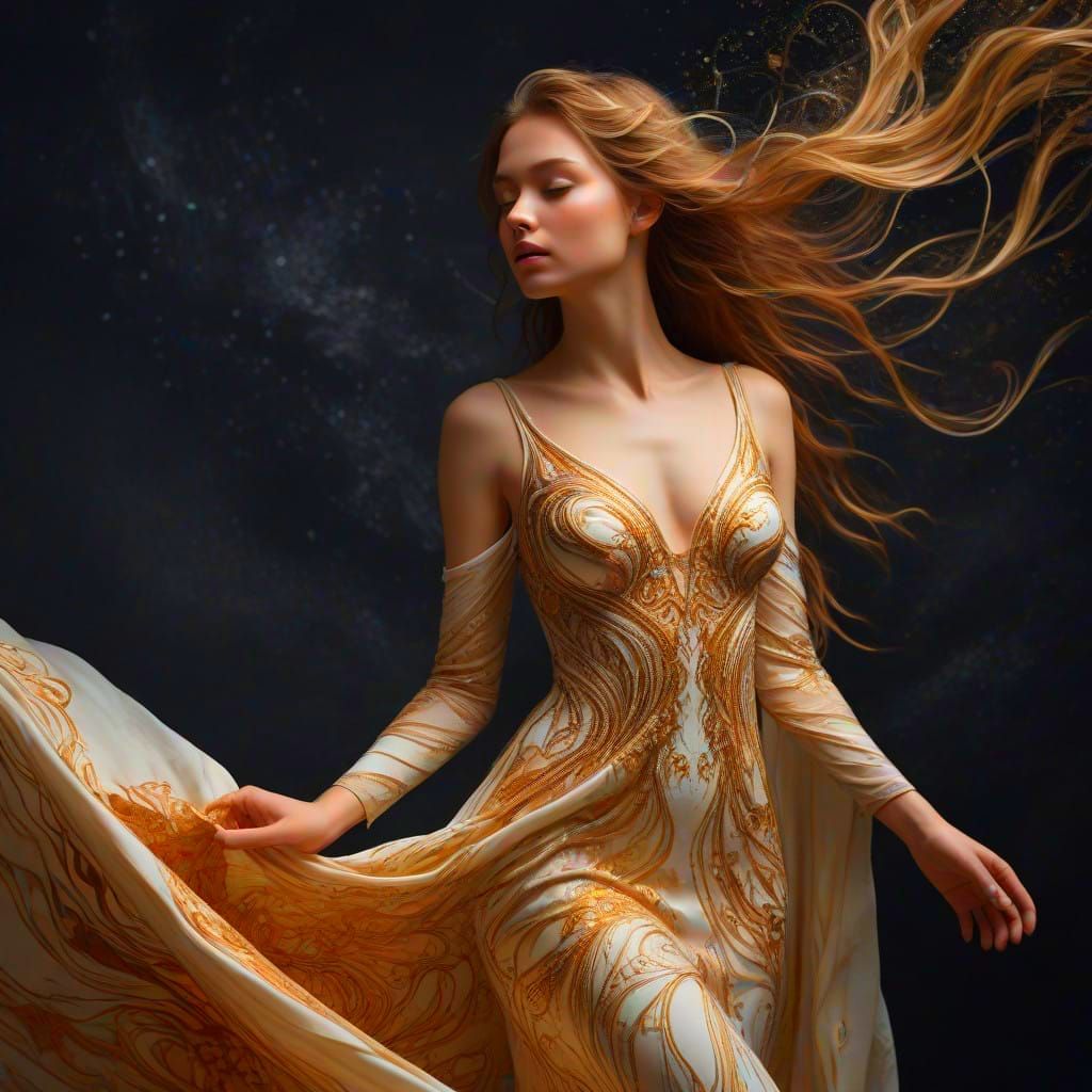 Statuesque Goddess in Radiant Gold and Crimson