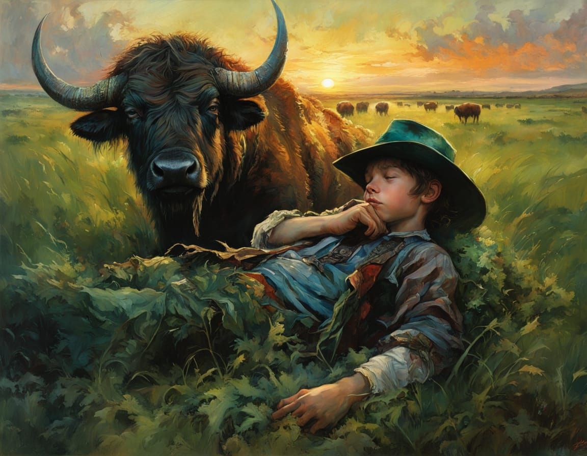 a boy sleeping, leaning against the buffalo, his hat covered his face, on a green pasture, sunset background, rivers, da...