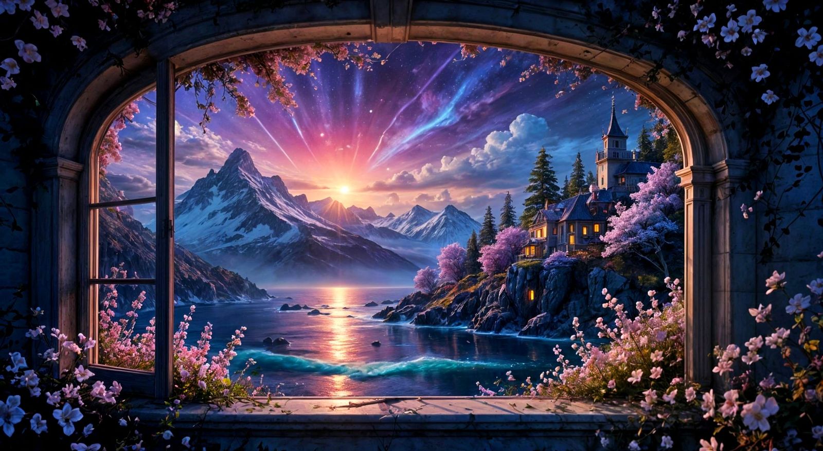 Surreal Fantasy Landscape at Night with Vibrant Colors