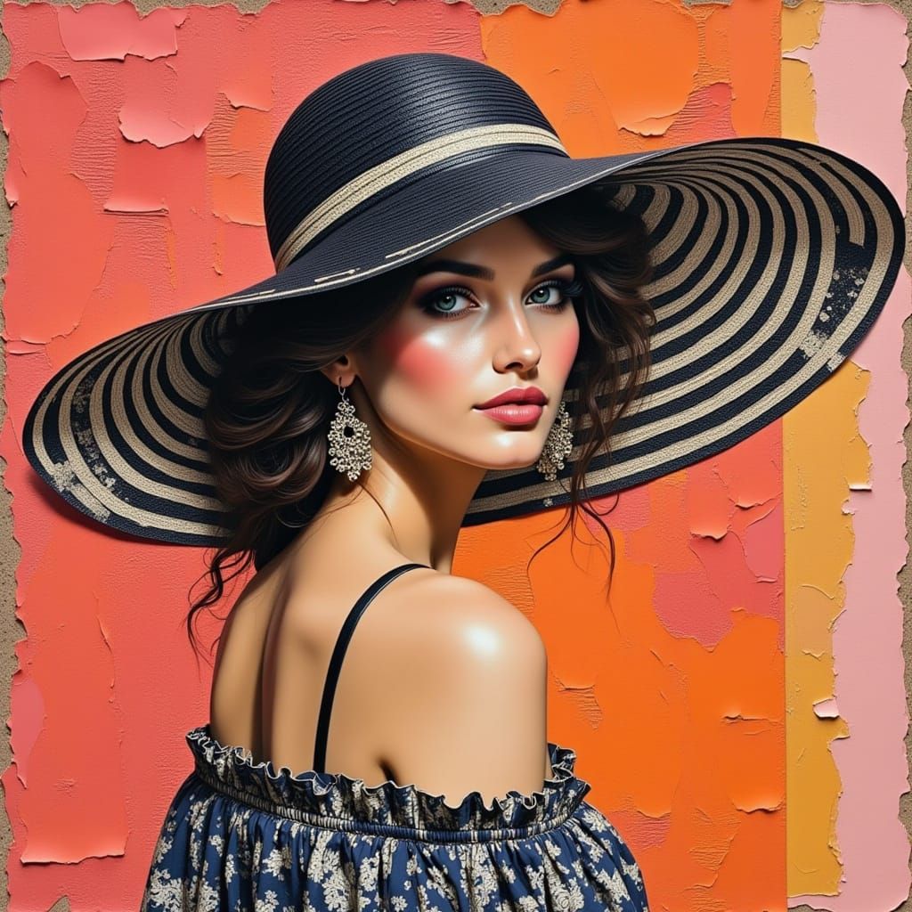 Mixed-Media Woman with Striped Hat Portrait