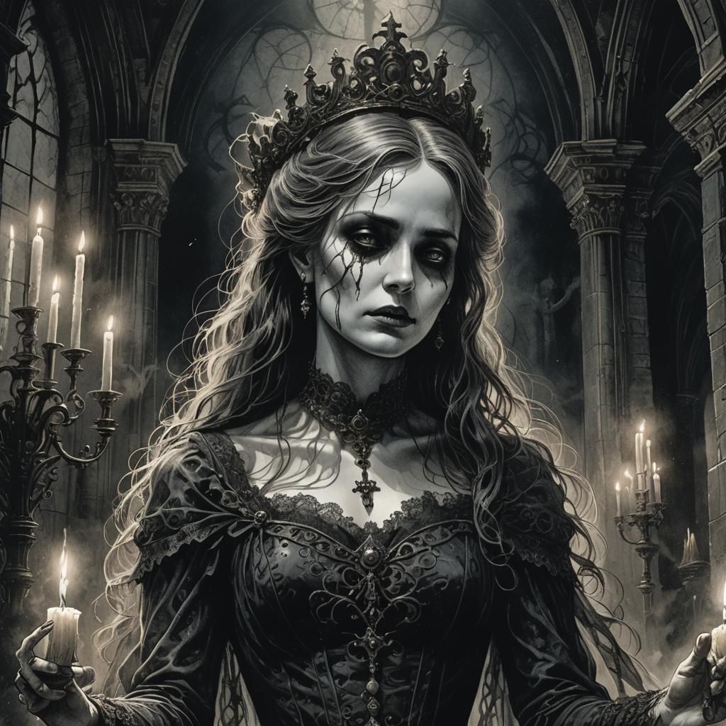 Ethereal Ghost in Abandoned Church, Victorian Etching