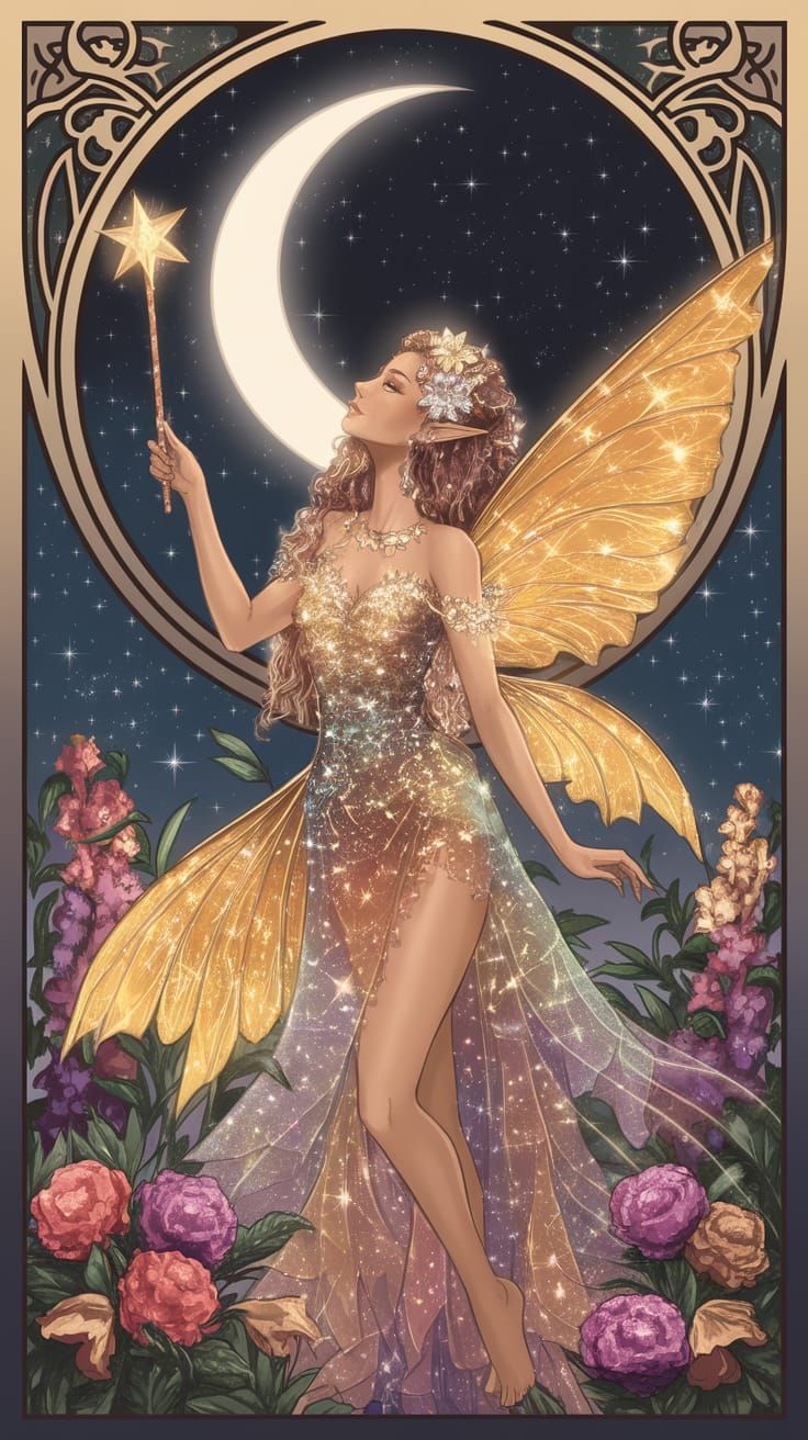 Glowing Fairy in a Starlit Art Nouveau Garden
