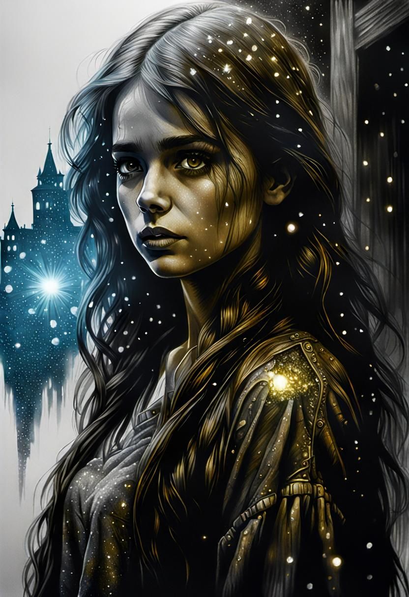 Girl Haunted by Past: Hyperdetailed Charcoal Drawing