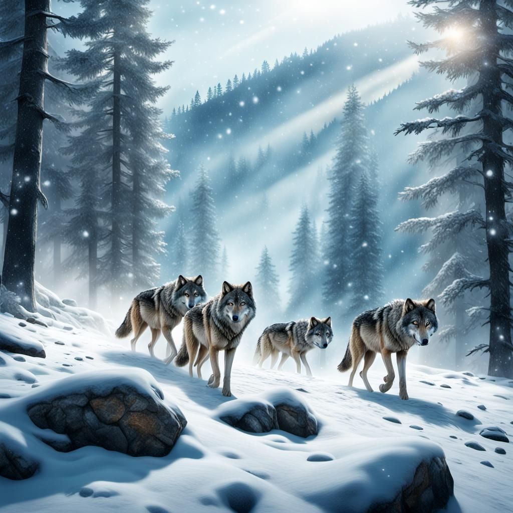 Wolf Pack in Snowy Mountain Landscape