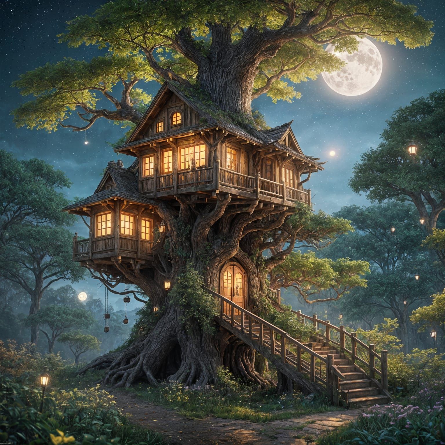 Enchanted Oak Treehouse under Full Moon