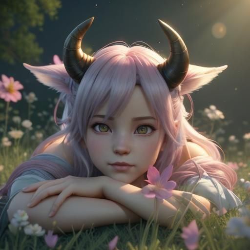 Sleeping Tiefling Child in Flowery Field: 3D Anime Art