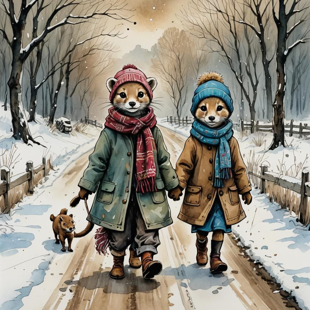 Weasels' Winter Walk: Children's Storybook Illustration