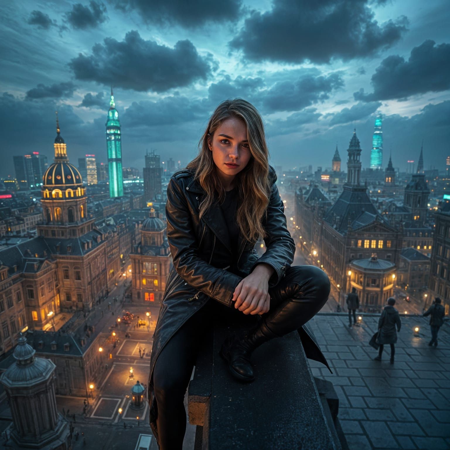 Girl on Royal Palace Rooftop in Cyberpunk Amsterdam