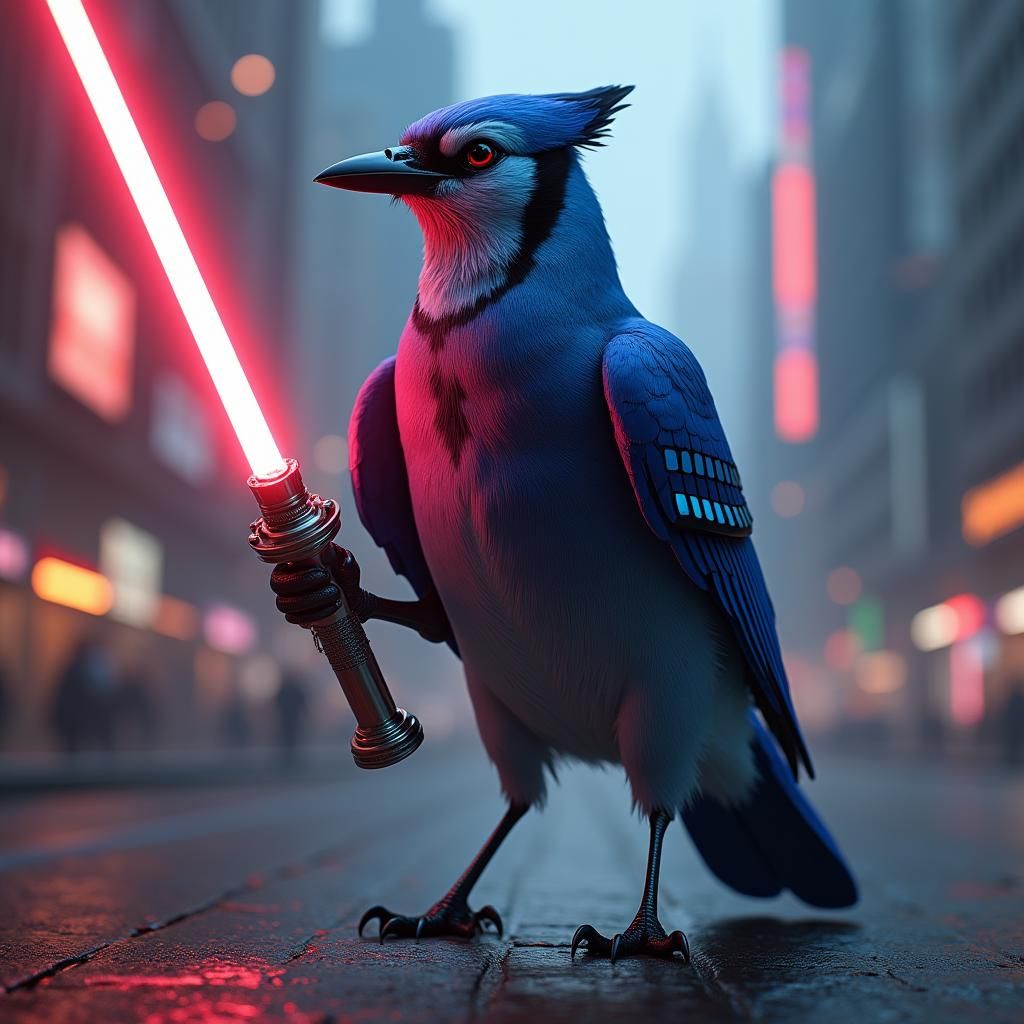 Blue Jay Wields Lightsaber in Sci-Fi City