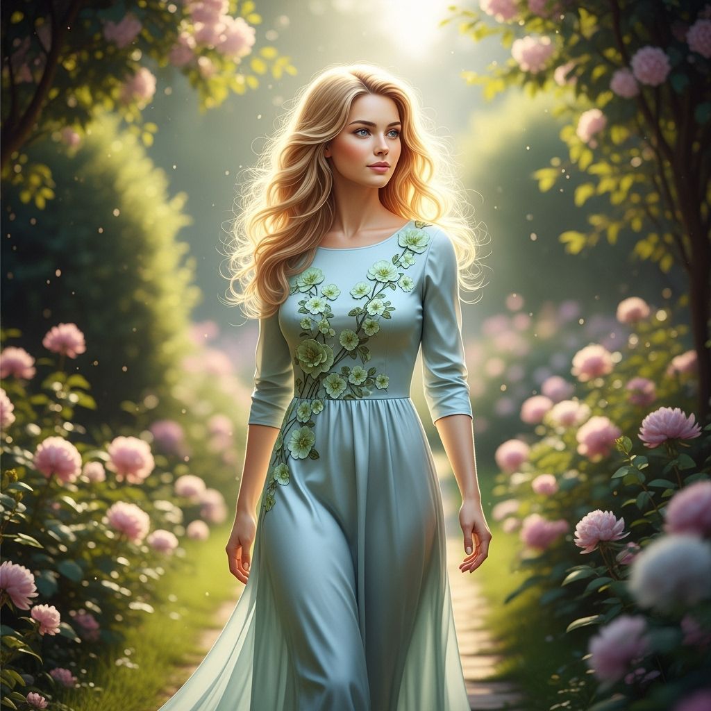 Blonde Woman in Floral Path, Hyperrealistic Style