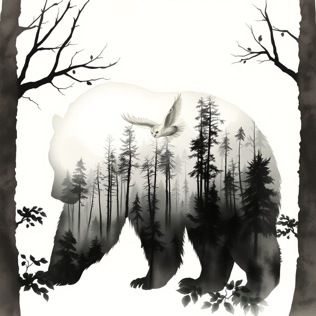 Ethereal Forest Framed by Bear Silhouette